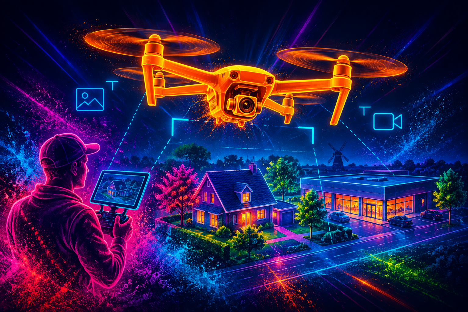 Neonillustratie van dronefotografie bij een woning en bedrijfspand